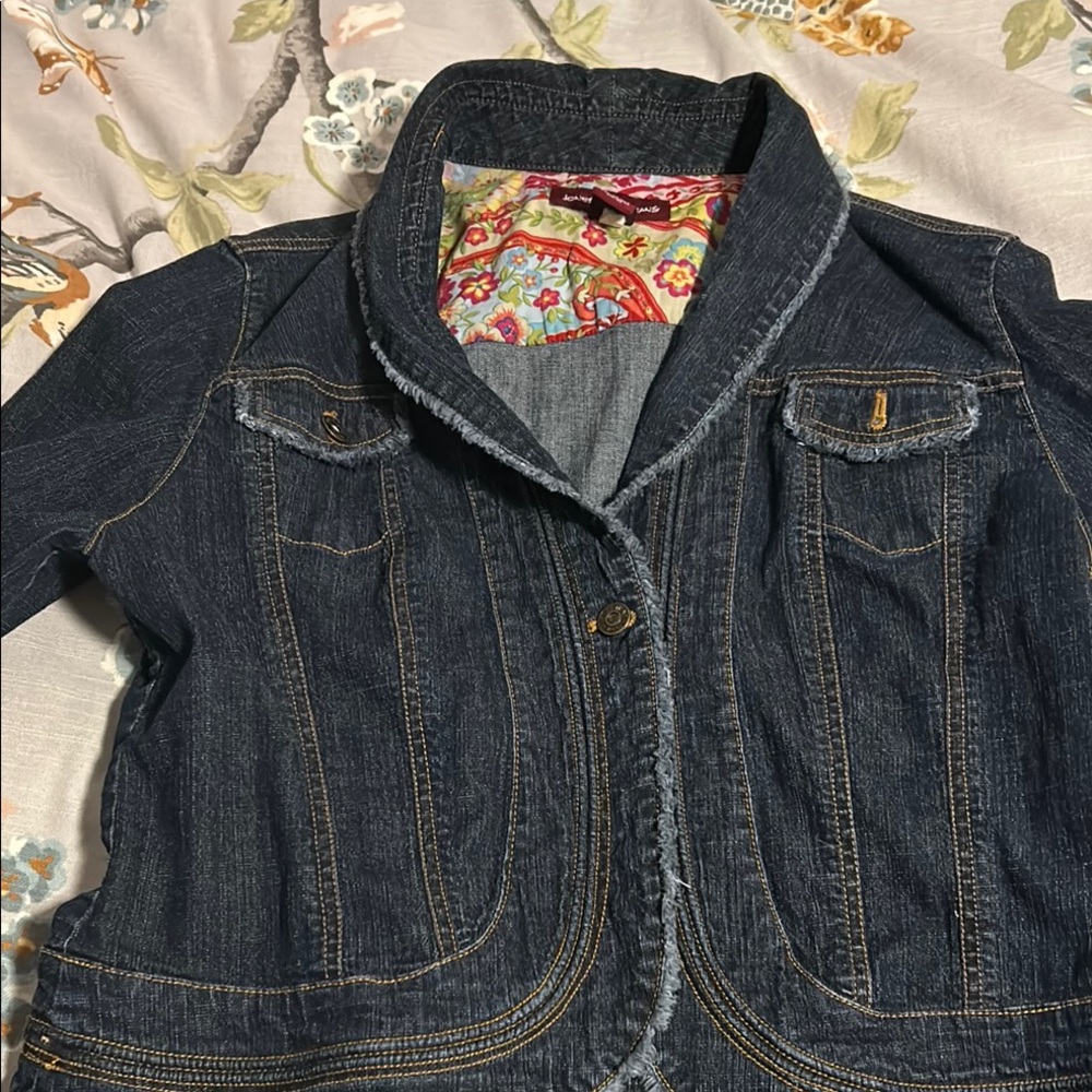Dark Denim Jacket with Floral Lining, Size Xl
